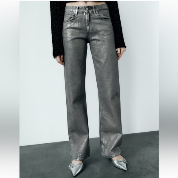 Zara Metallic Wide Leg Jeans Gray - Picture 12 of 16